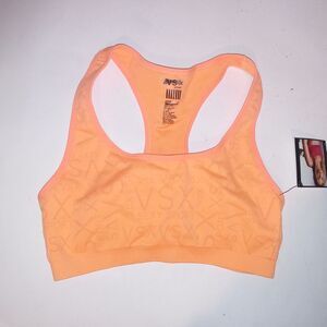Victoria Secret Sports Bra Large Neon Orange Logo Print Racerback Wireless 2011